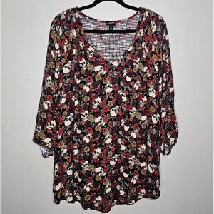 Torrid Women's 3X Red Floral Skull Smocked Blouse Tunic Top Dainty Goth